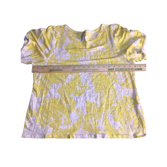 Chicos Size 2 Top Yellow White Linen Short Sleeve Blouse with Fringe Womens L - Picture 7 of 9